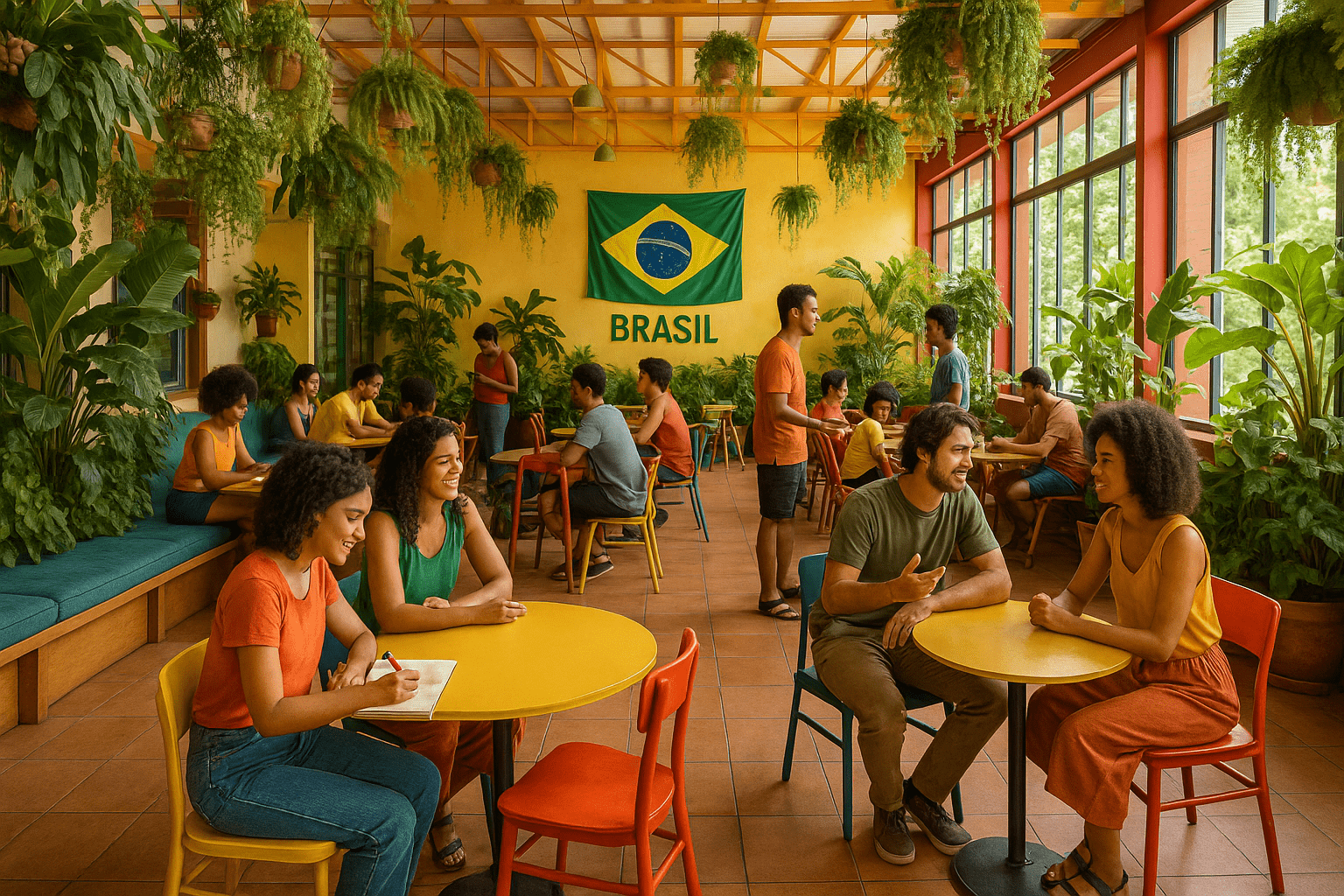 Indoor community space in Brazil with diverse participants engaging in activities.