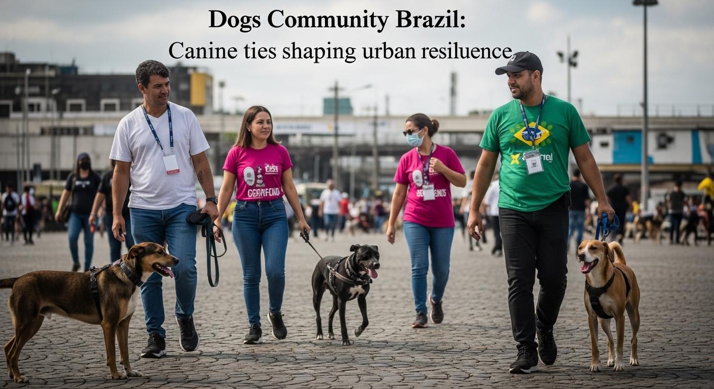 A Brazilian community street with dogs and neighbors gathering after floods.