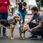 A Brazilian community street with dogs and neighbors gathering after floods.