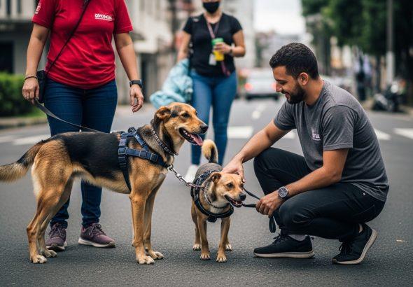 A Brazilian community street with dogs and neighbors gathering after floods.