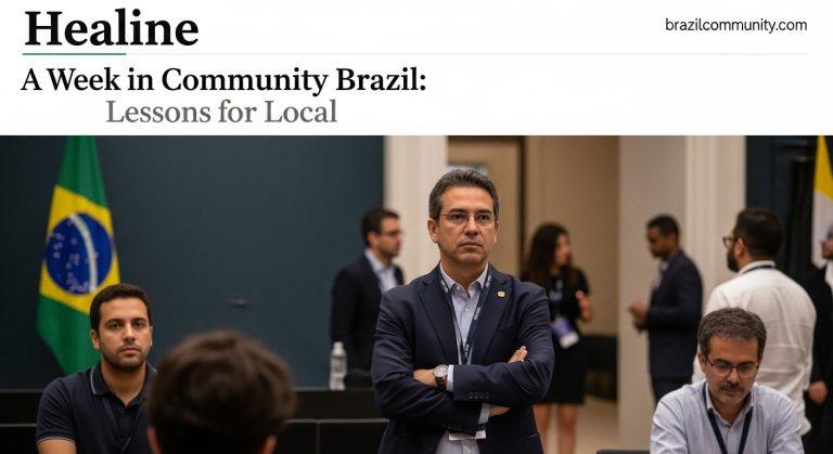 Neighbors gather in a Brazilian neighborhood meeting to discuss local projects in a sunny square.