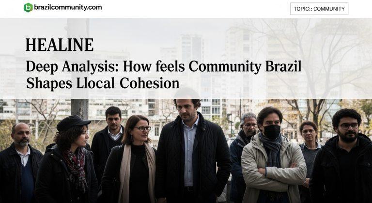 A diverse Brazilian community gathering at a street festival with music, food stalls, and colorful decorations.