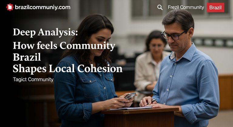 A diverse Brazilian community gathering at a street festival with music, food stalls, and colorful decorations.