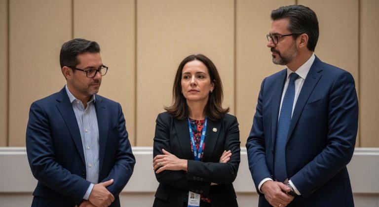 Brazilian community meeting with heritage icons and data visuals on display