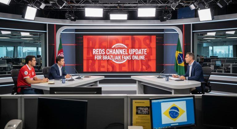 Broadcast studio with Reds branding and a Brazilian newsroom in the foreground.