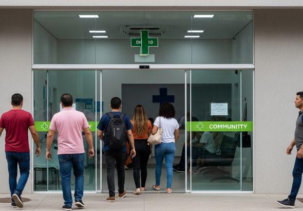 People waiting and entering a modern community health center in a Brazilian city.