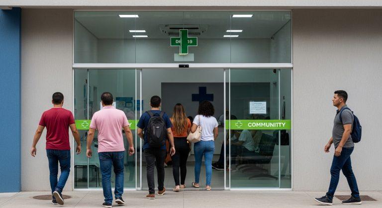 People waiting and entering a modern community health center in a Brazilian city.